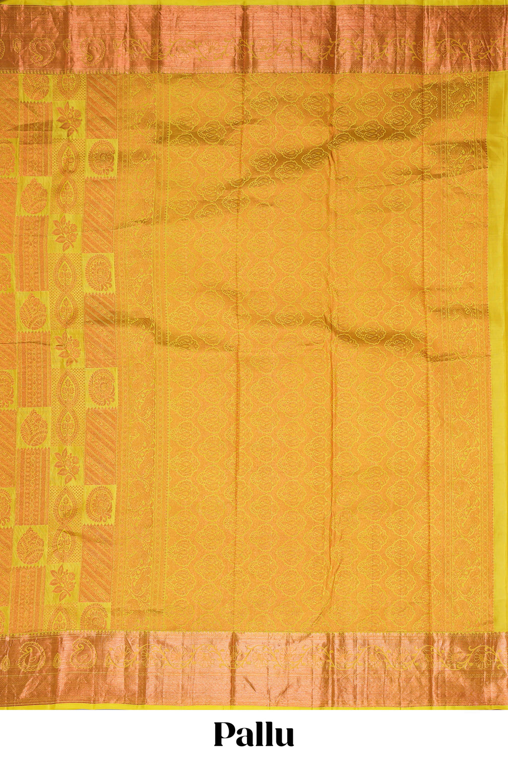 Yellow geometric and floral designed Kanchipuram designer silk saree with self zari border and zari work pallu comes with matching blouse