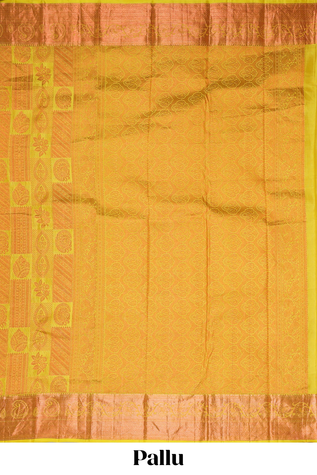 Yellow geometric and floral designed Kanchipuram designer silk saree with self zari border and zari work pallu comes with matching blouse