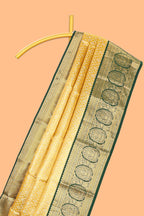 Yellow zari designed Kanchipuram traditional silk saree with contrast zari border and zari work pallu comes with blouse