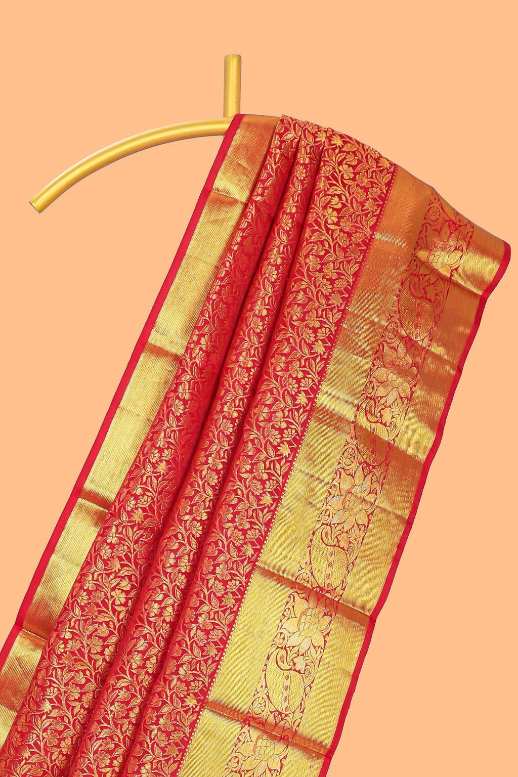 Red floral designed Kanchipuram wedding silk saree with self zari border and zari pallu comes with matching blouse