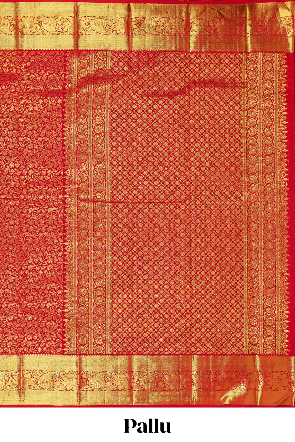 Red floral designed Kanchipuram wedding silk saree with self zari border and zari pallu comes with matching blouse