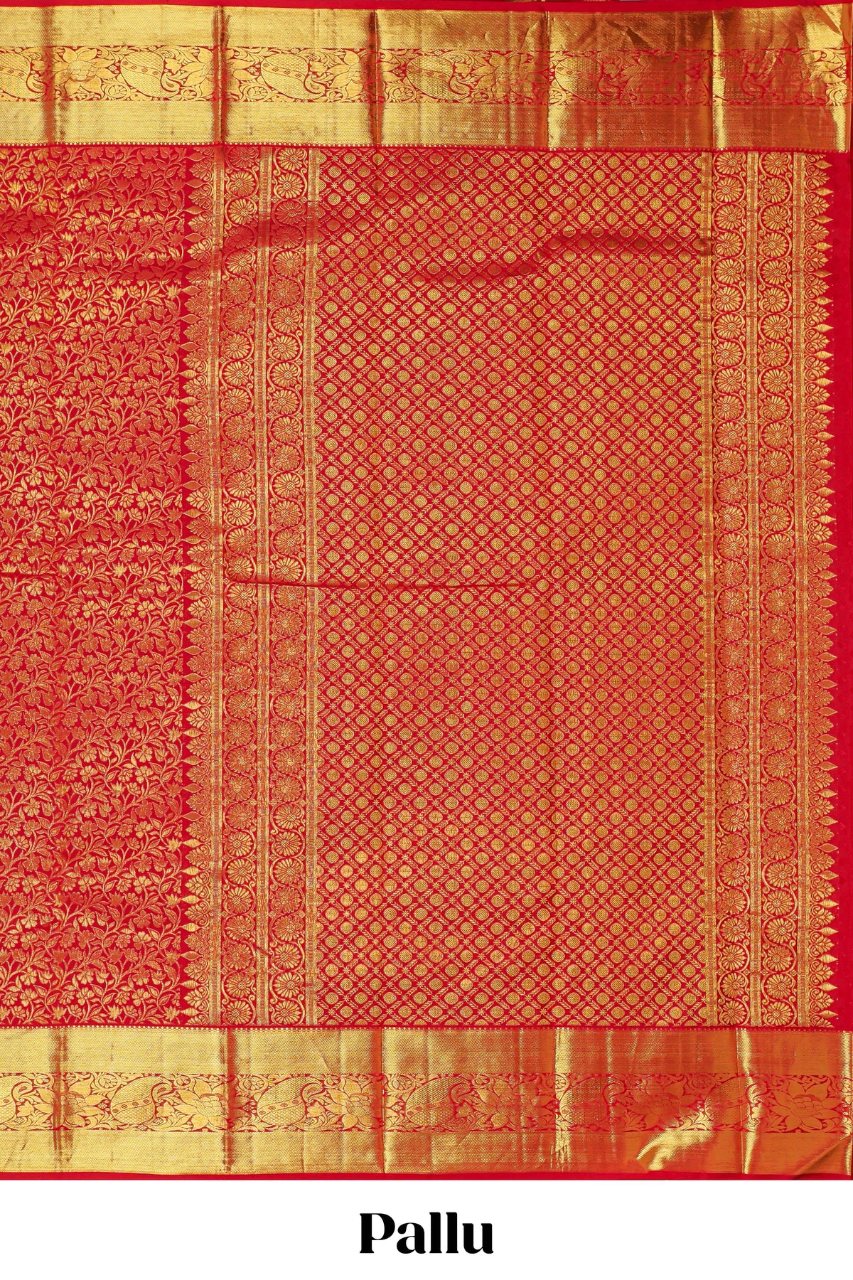 Red floral designed Kanchipuram wedding silk saree with self zari border and zari pallu comes with matching blouse