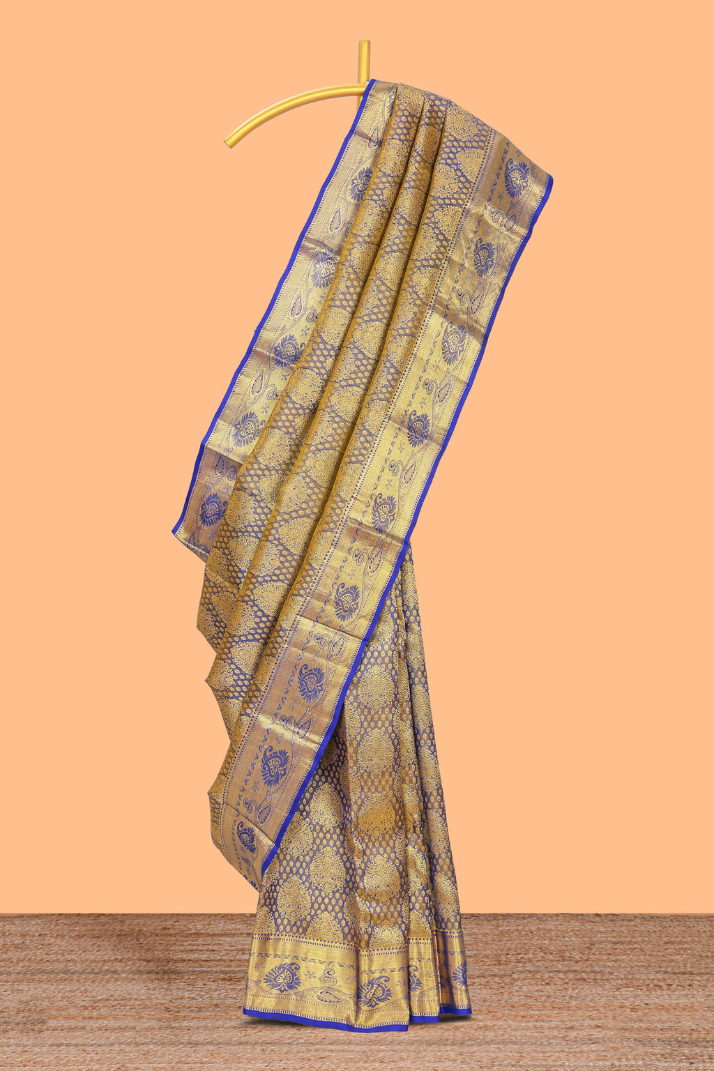 Blue zari designed Kanchipuram silk saree with self zari border and zari work pallu comes with matching blouse