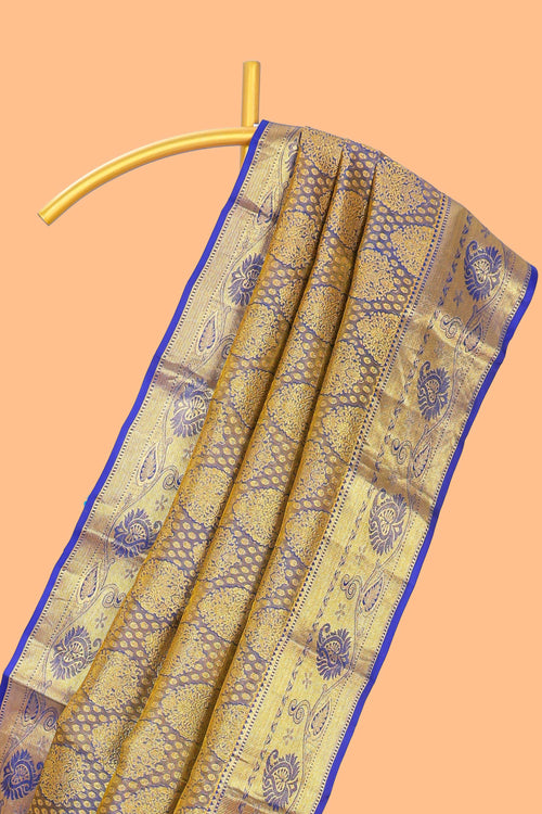 Blue zari designed Kanchipuram silk saree with self zari border and zari work pallu comes with matching blouse
