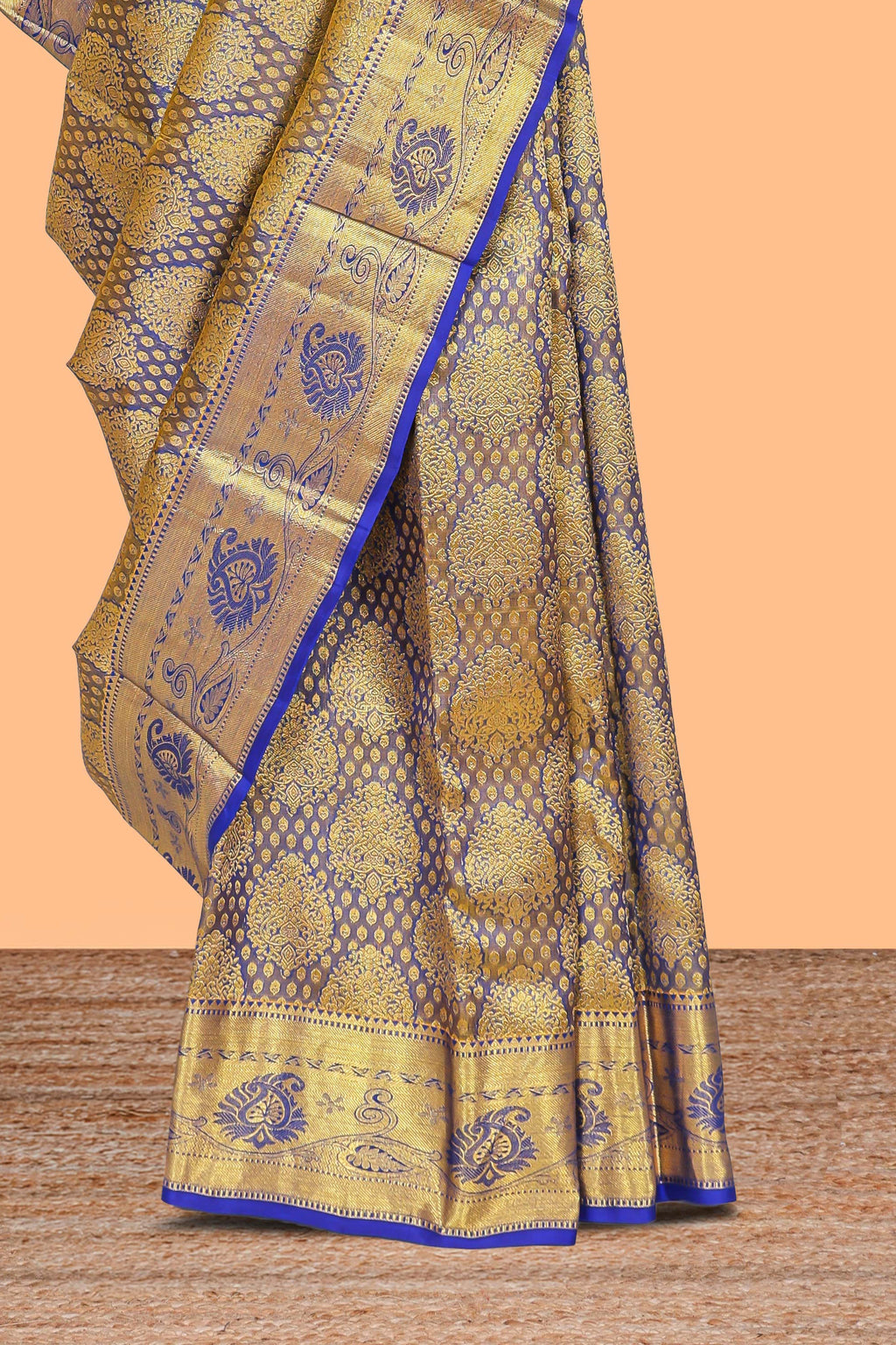 Blue zari designed Kanchipuram silk saree with self zari border and zari work pallu comes with matching blouse