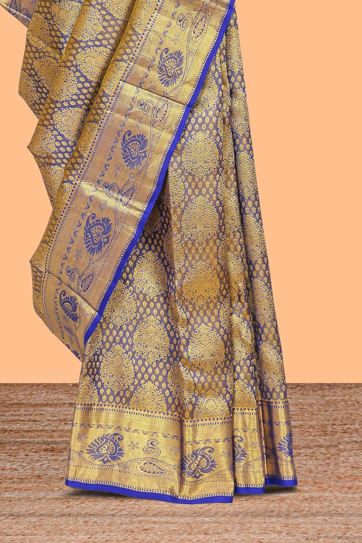 Blue zari designed Kanchipuram silk saree with self zari border and zari work pallu comes with matching blouse