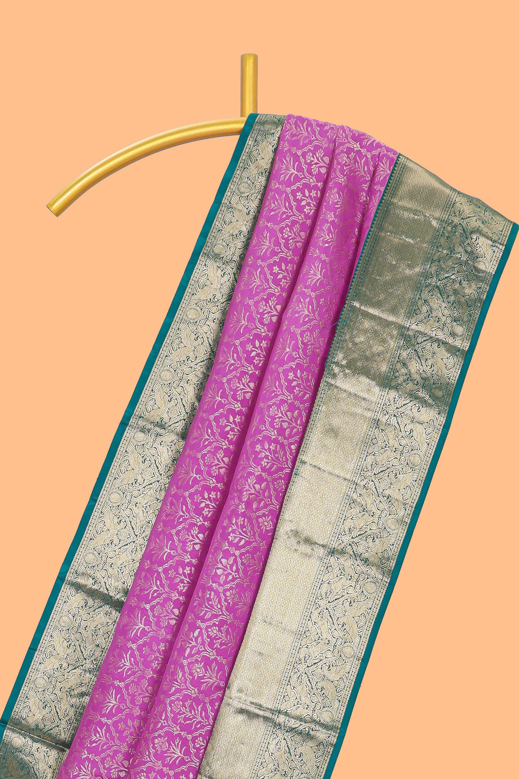 Magenta zari designed Kanchipuram silk saree with contrast zari border and zari work pallu comes with blouse