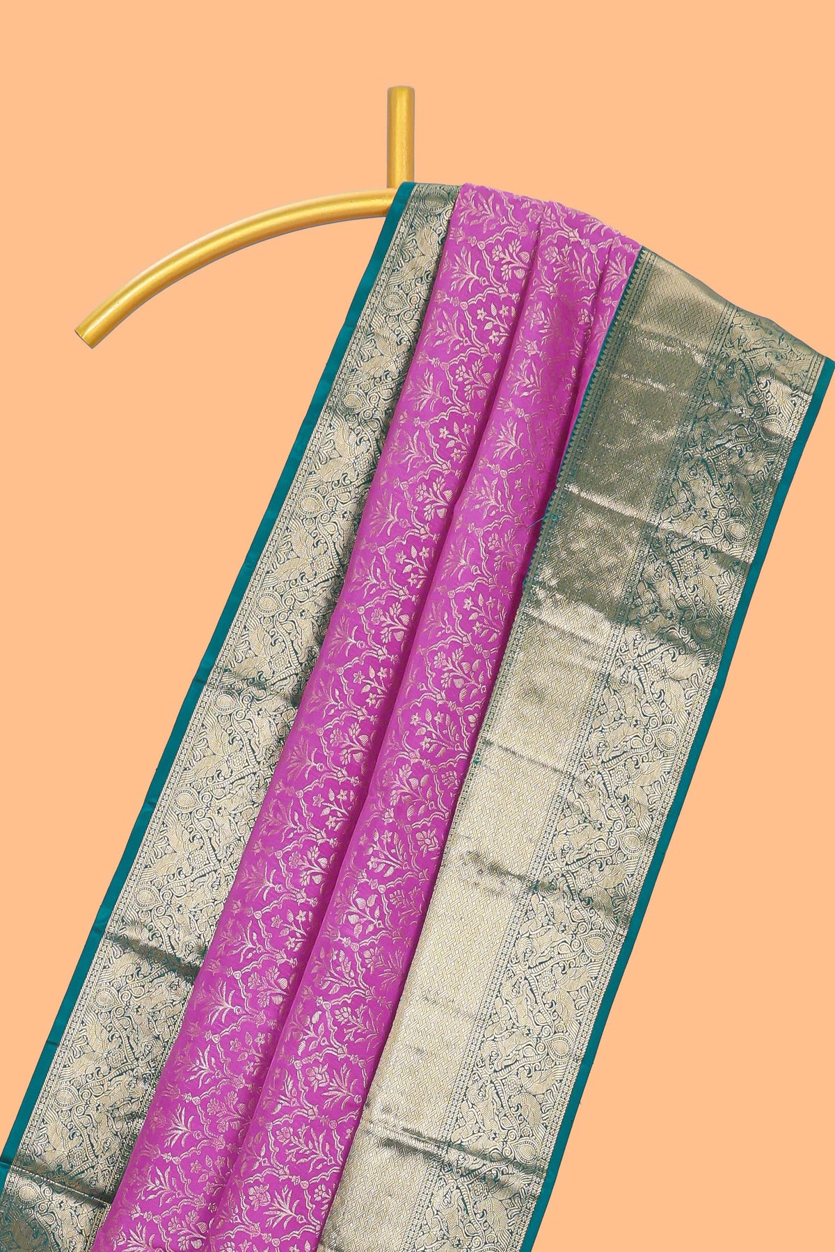 Magenta zari designed Kanchipuram silk saree with contrast zari border and zari work pallu comes with blouse