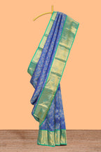 Blue floral designed Kanchipuram silk saree with contrast zari border and zari work pallu comes with blouse