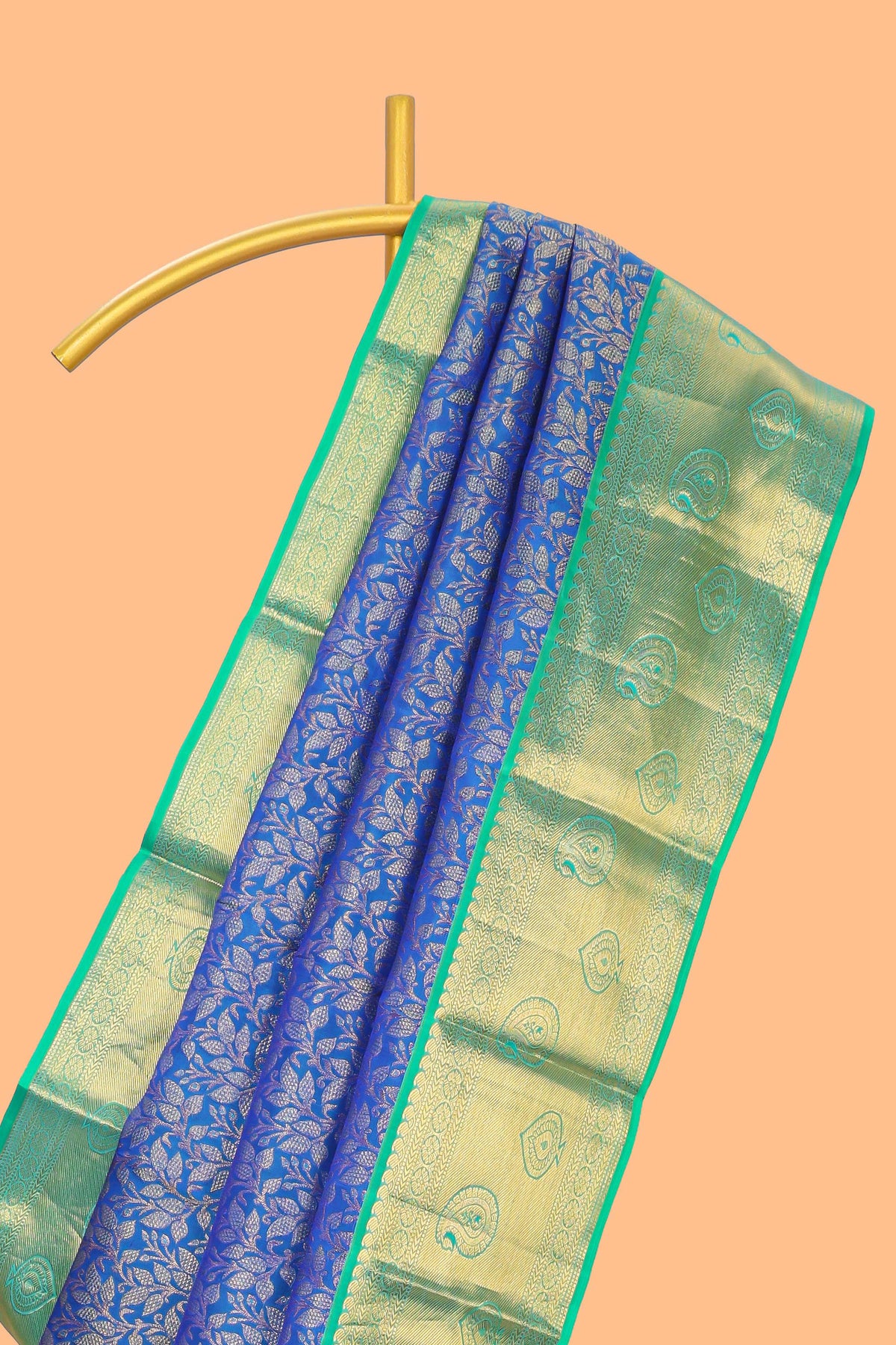 Blue floral designed Kanchipuram silk saree with contrast zari border and zari work pallu comes with blouse