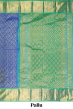 Blue floral designed Kanchipuram silk saree with contrast zari border and zari work pallu comes with blouse