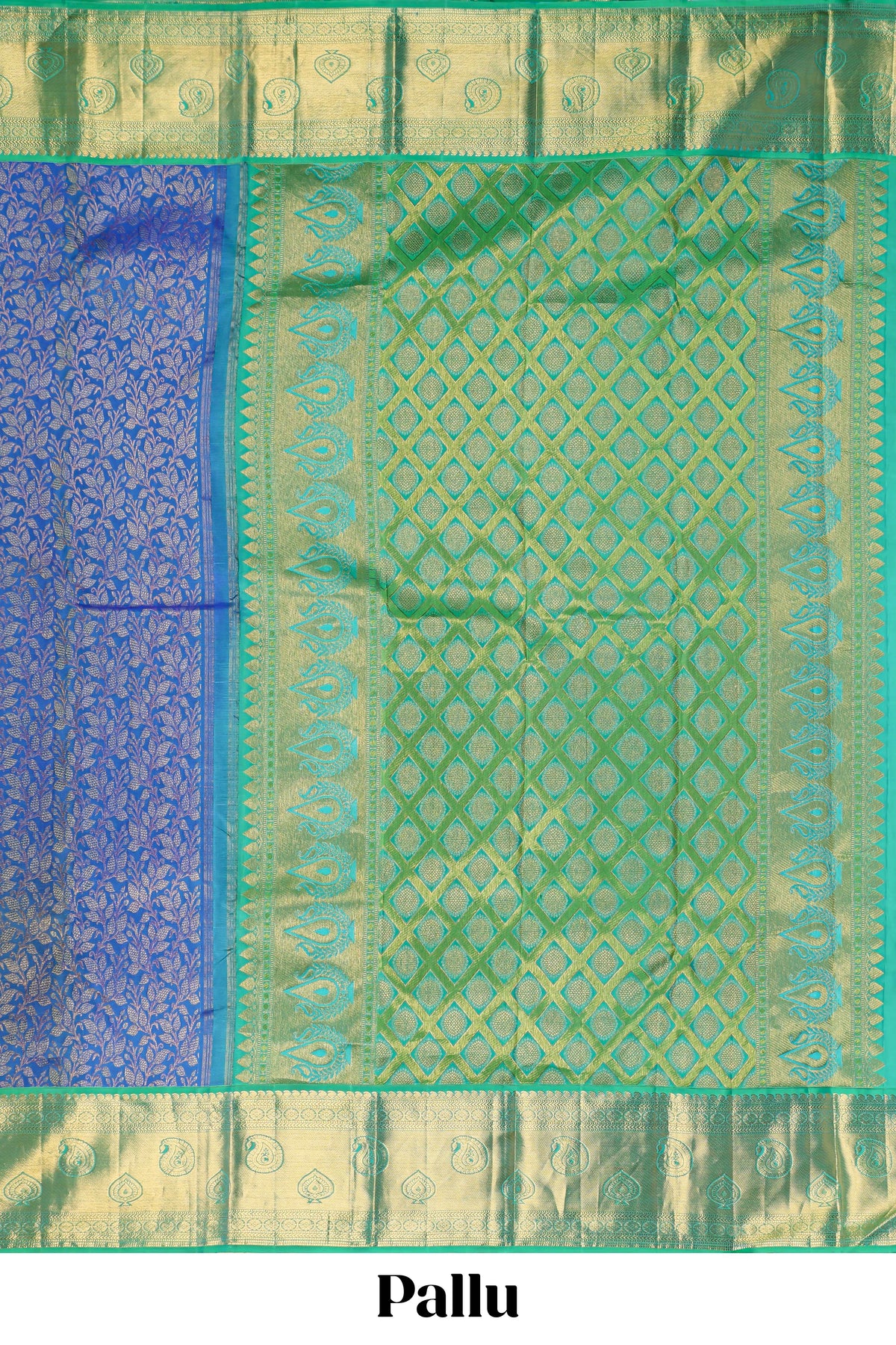Blue floral designed Kanchipuram silk saree with contrast zari border and zari work pallu comes with blouse