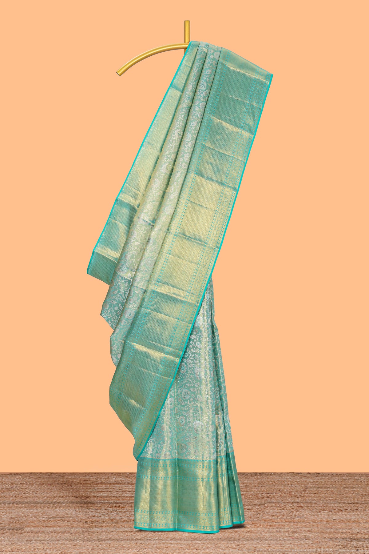 Light sea green floral designed Kanchipuram tissue silk saree with self zari border and zari work pallu comes with matching blouse (Copy)