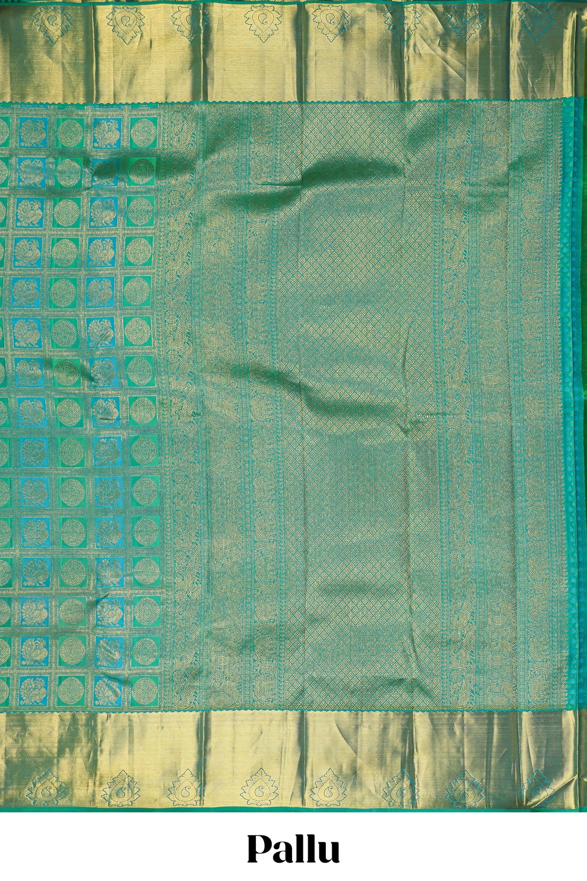 Green geometric and butta designed Kanchipuram vairaooi and checks silk saree with self zari border and zari work pallu comes with matching blouse