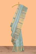 Aqua blue geometric designed Kanchipuram traditional silk saree with self zari border and zari work pallu comes with matching blouse