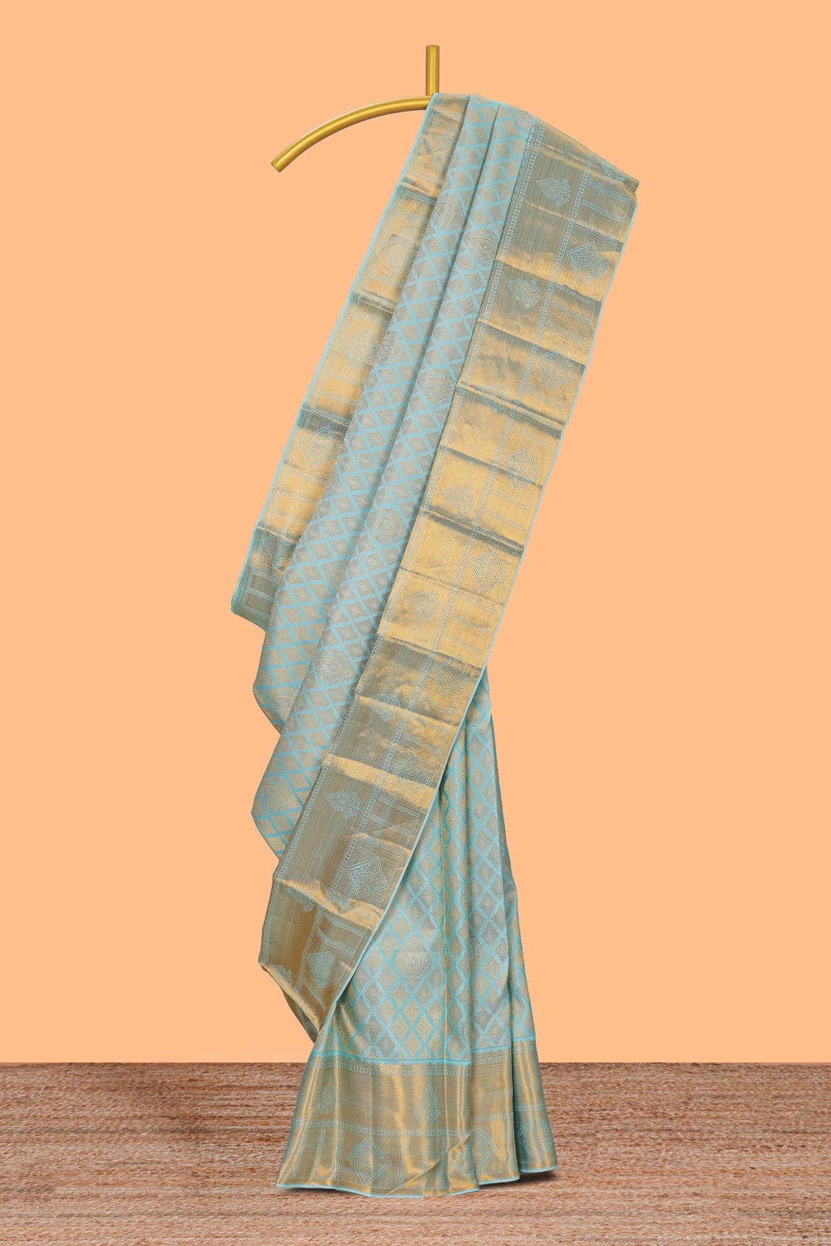 Aqua blue geometric designed Kanchipuram traditional silk saree with self zari border and zari work pallu comes with matching blouse