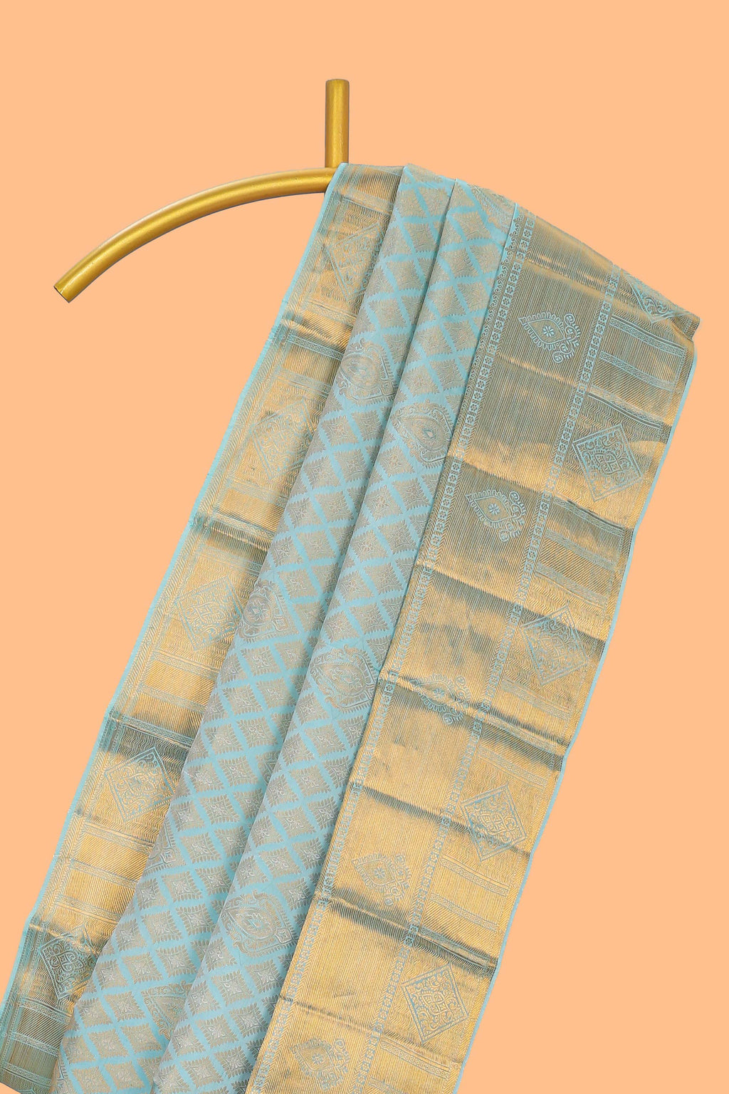 Aqua blue geometric designed Kanchipuram traditional silk saree with self zari border and zari work pallu comes with matching blouse