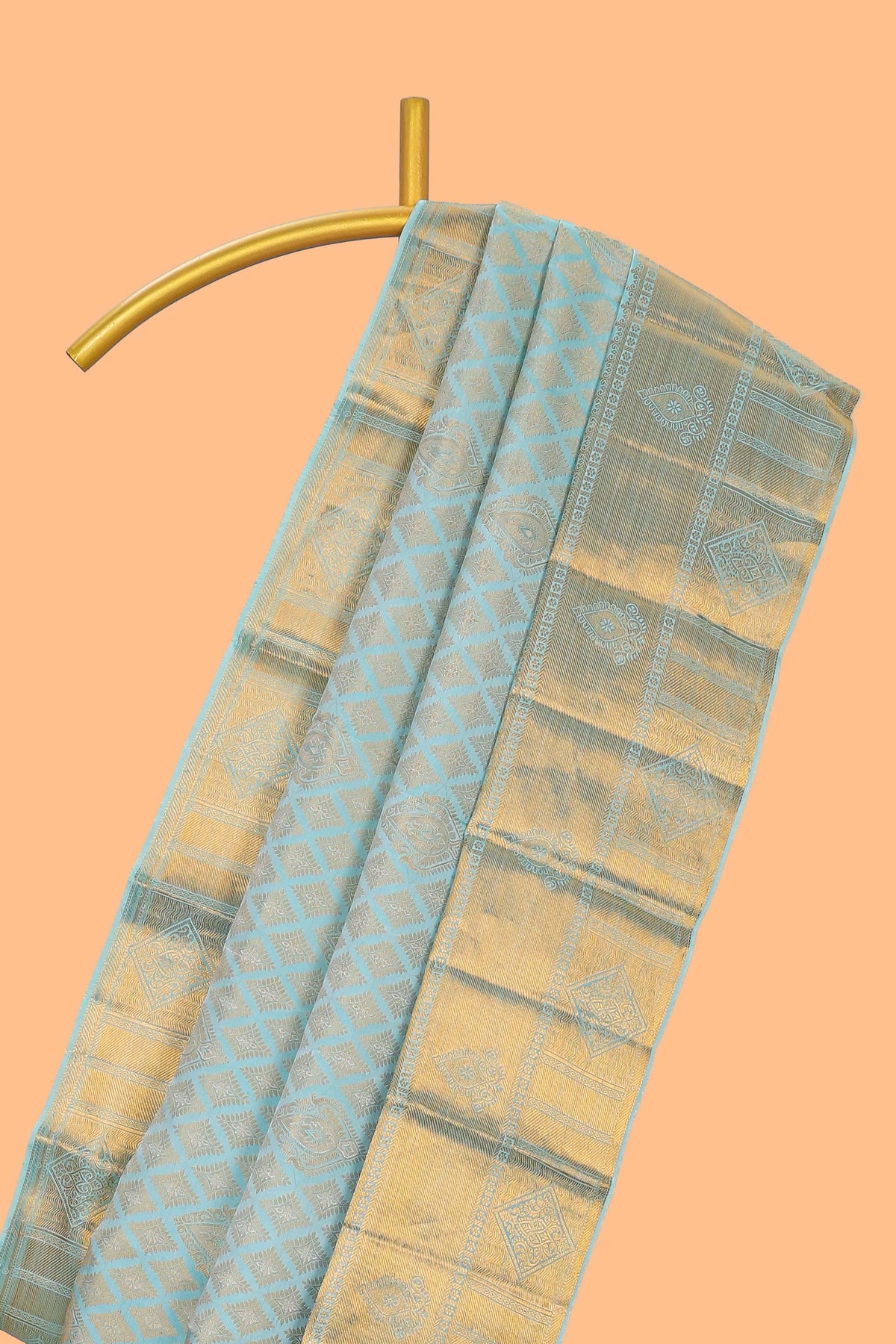 Aqua blue geometric designed Kanchipuram traditional silk saree with self zari border and zari work pallu comes with matching blouse