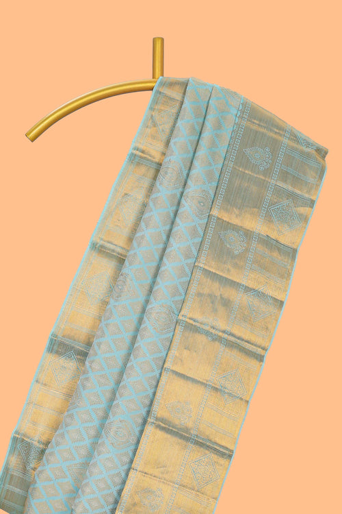 Aqua blue geometric designed Kanchipuram traditional silk saree with self zari border and zari work pallu comes with matching blouse