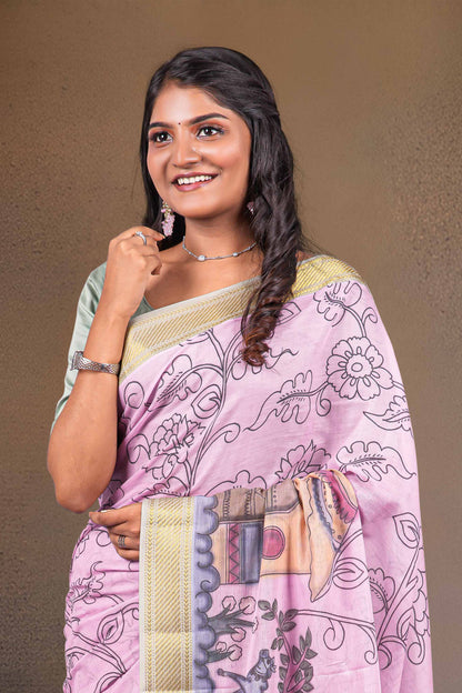  Kalamkari Print With Contrast Zari Border