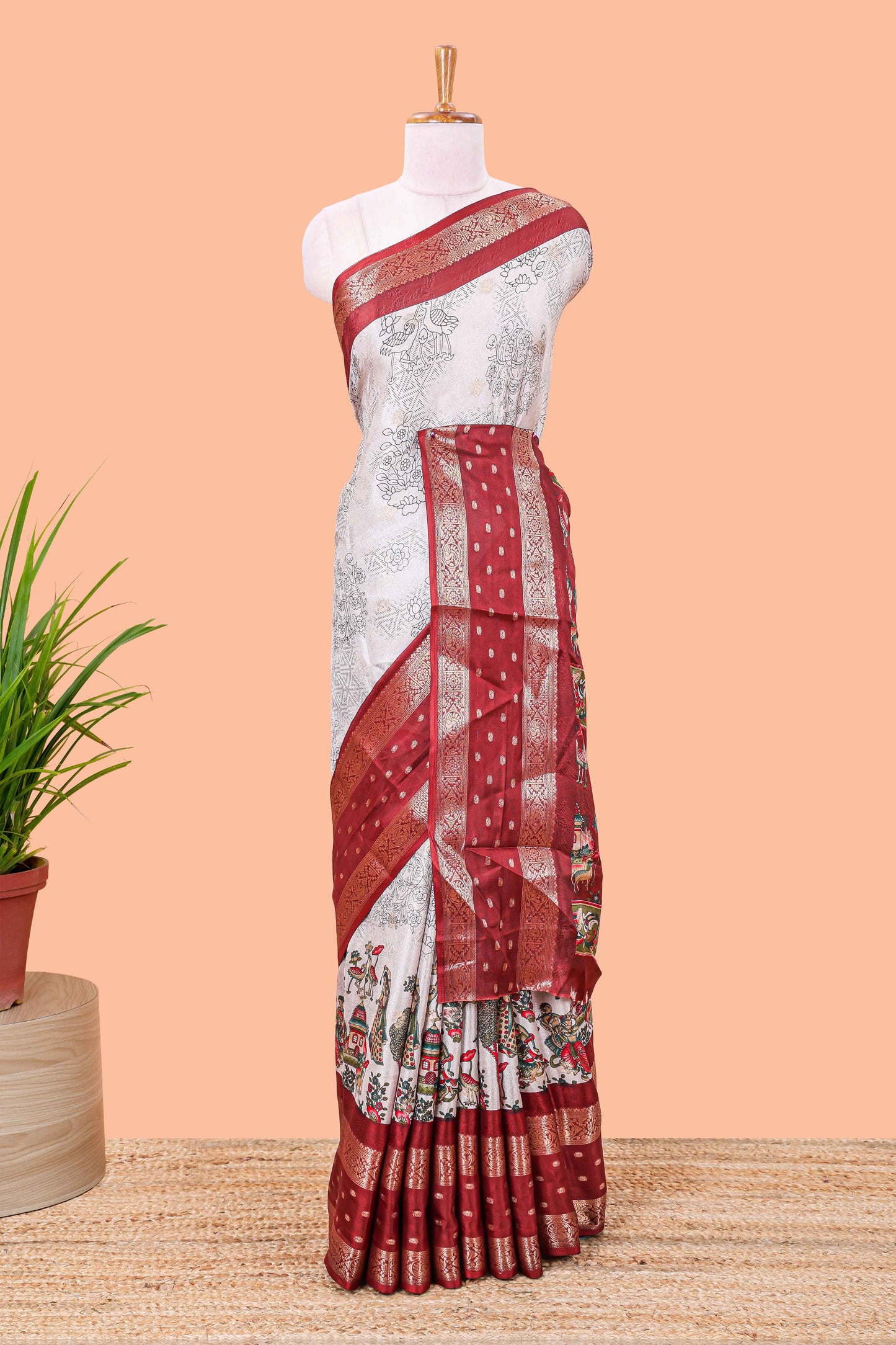 Kalamkari floral crane accents
