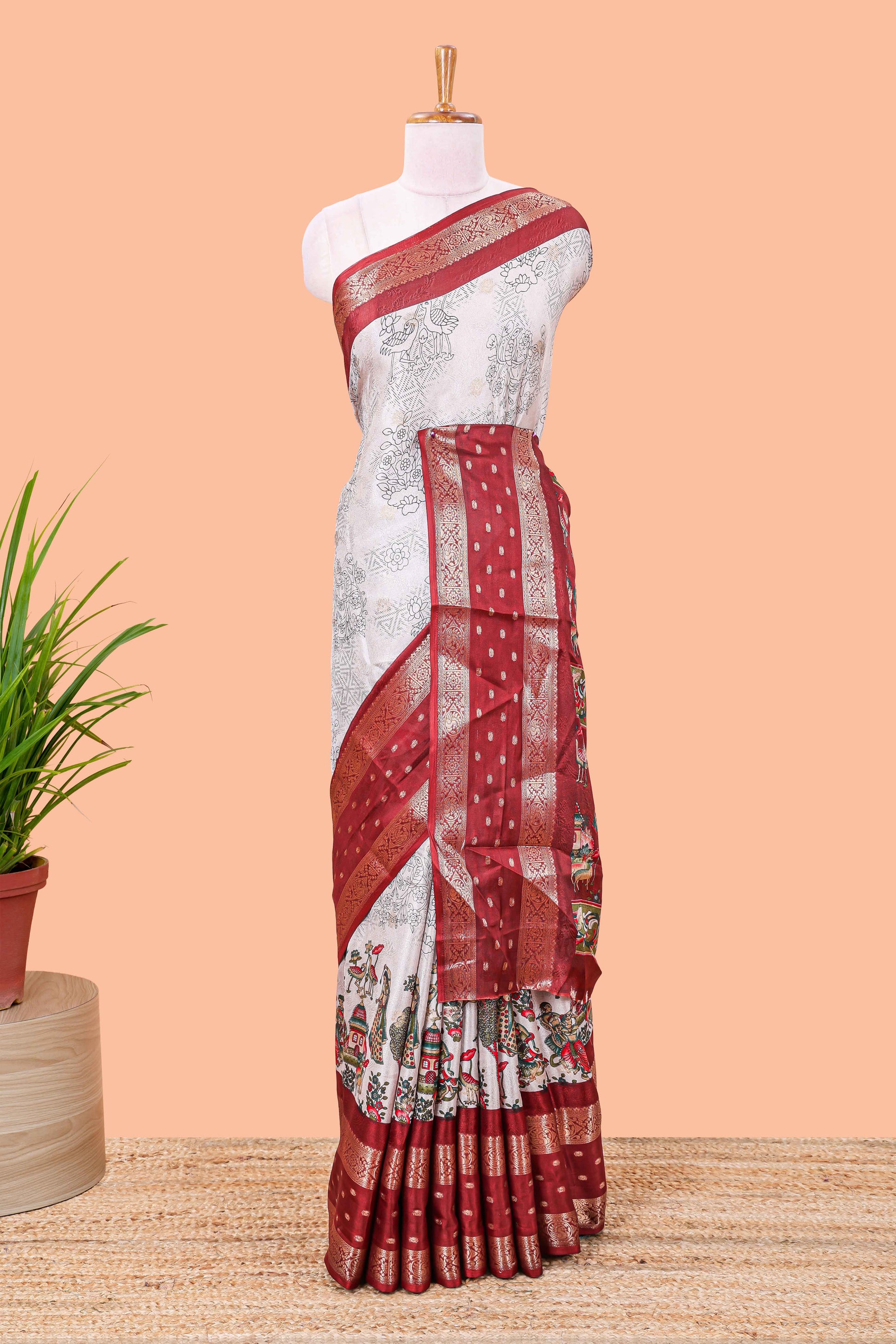 Kalamkari floral crane accents