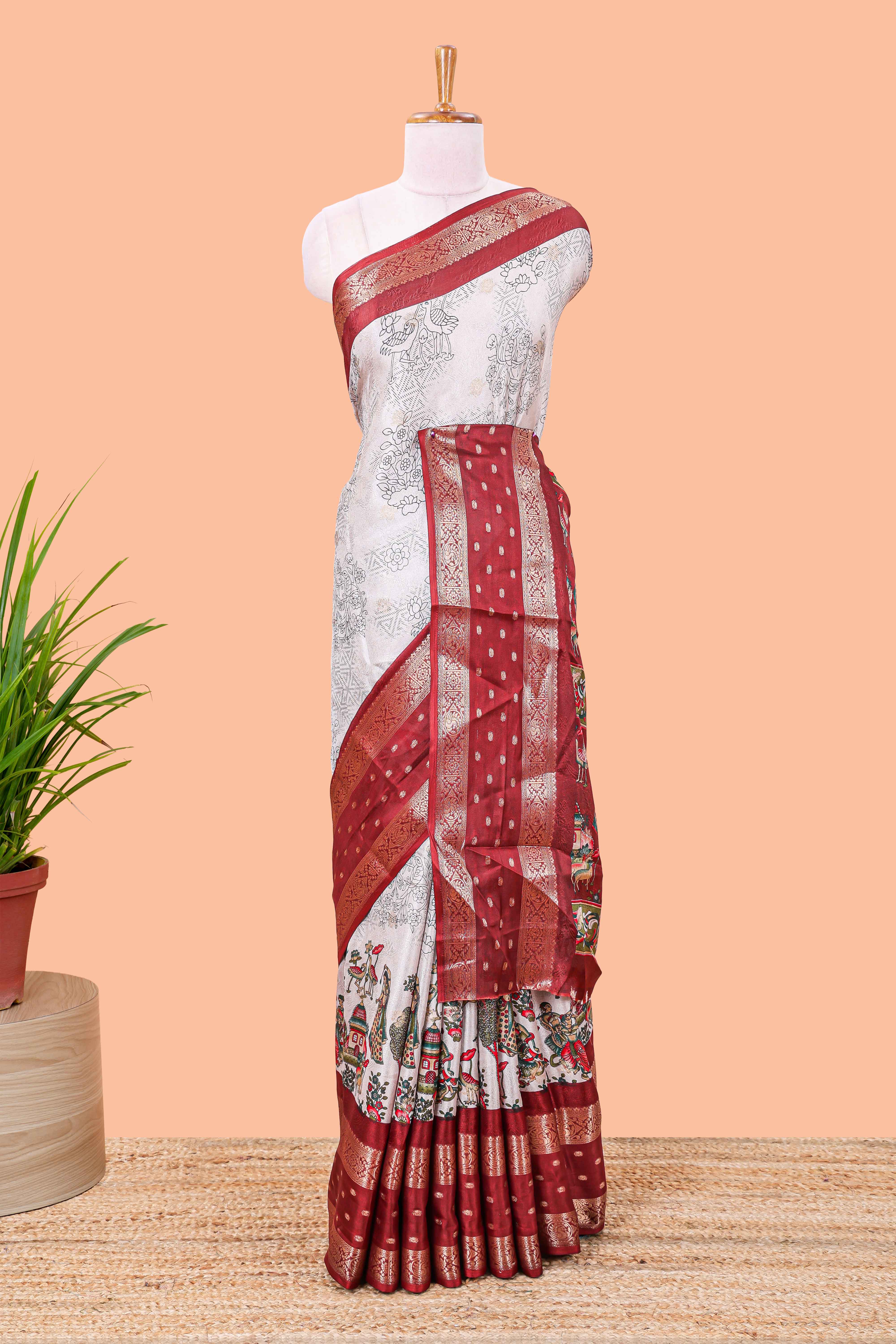 Kalamkari floral crane accents