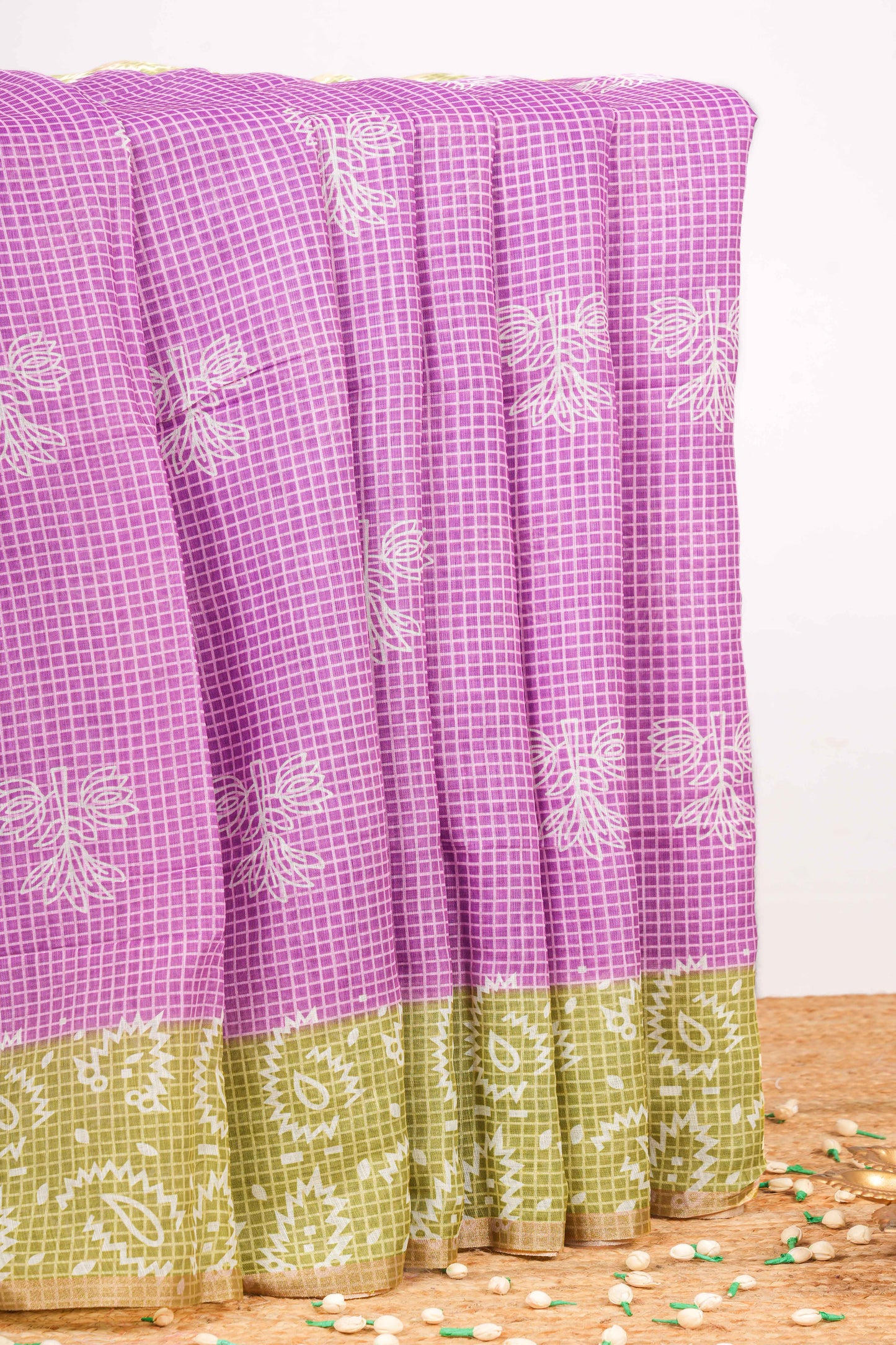 Lavender Jaipur print linen saree