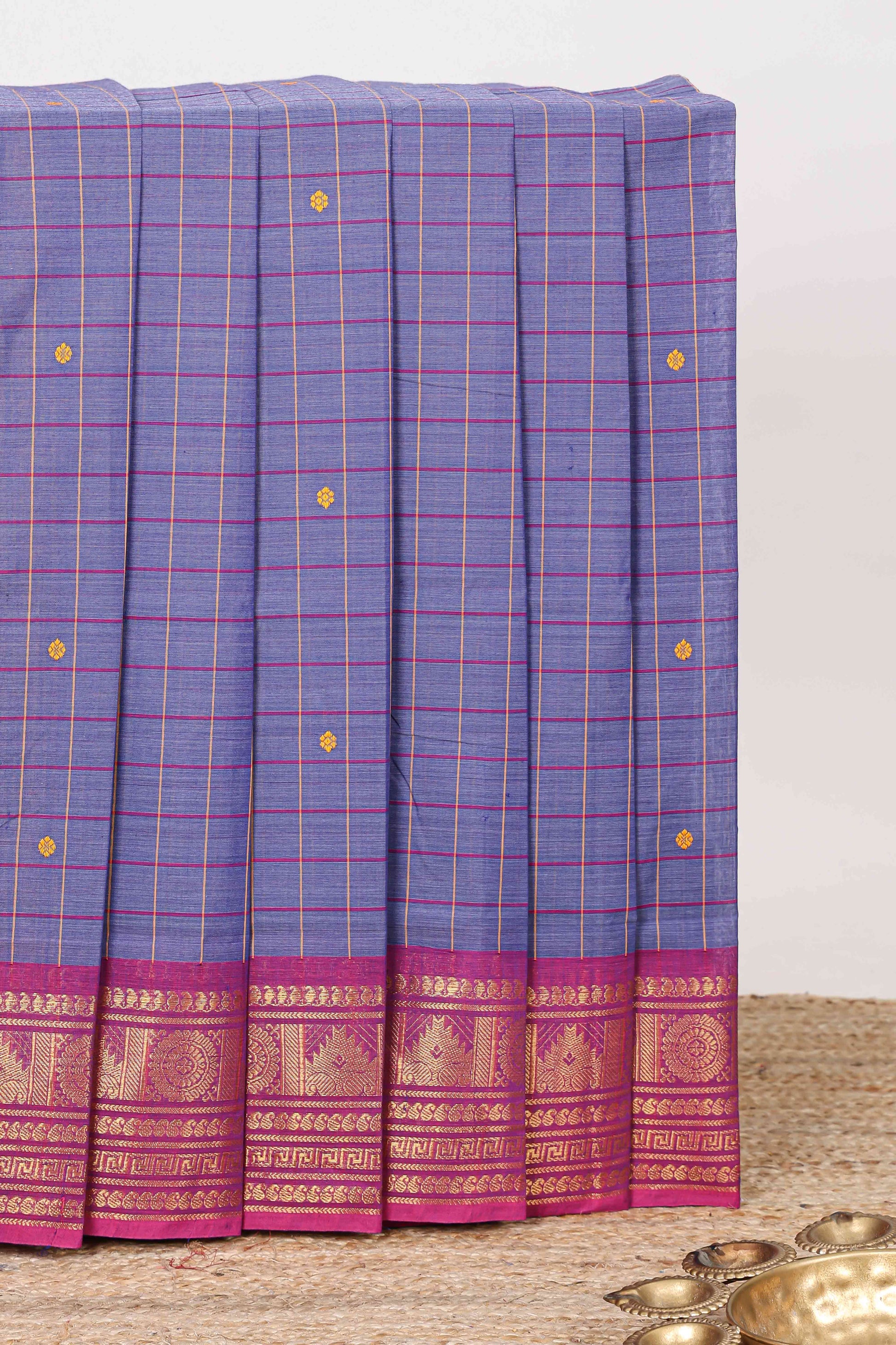 Lavender checked zari butta chettinad cotton saree
