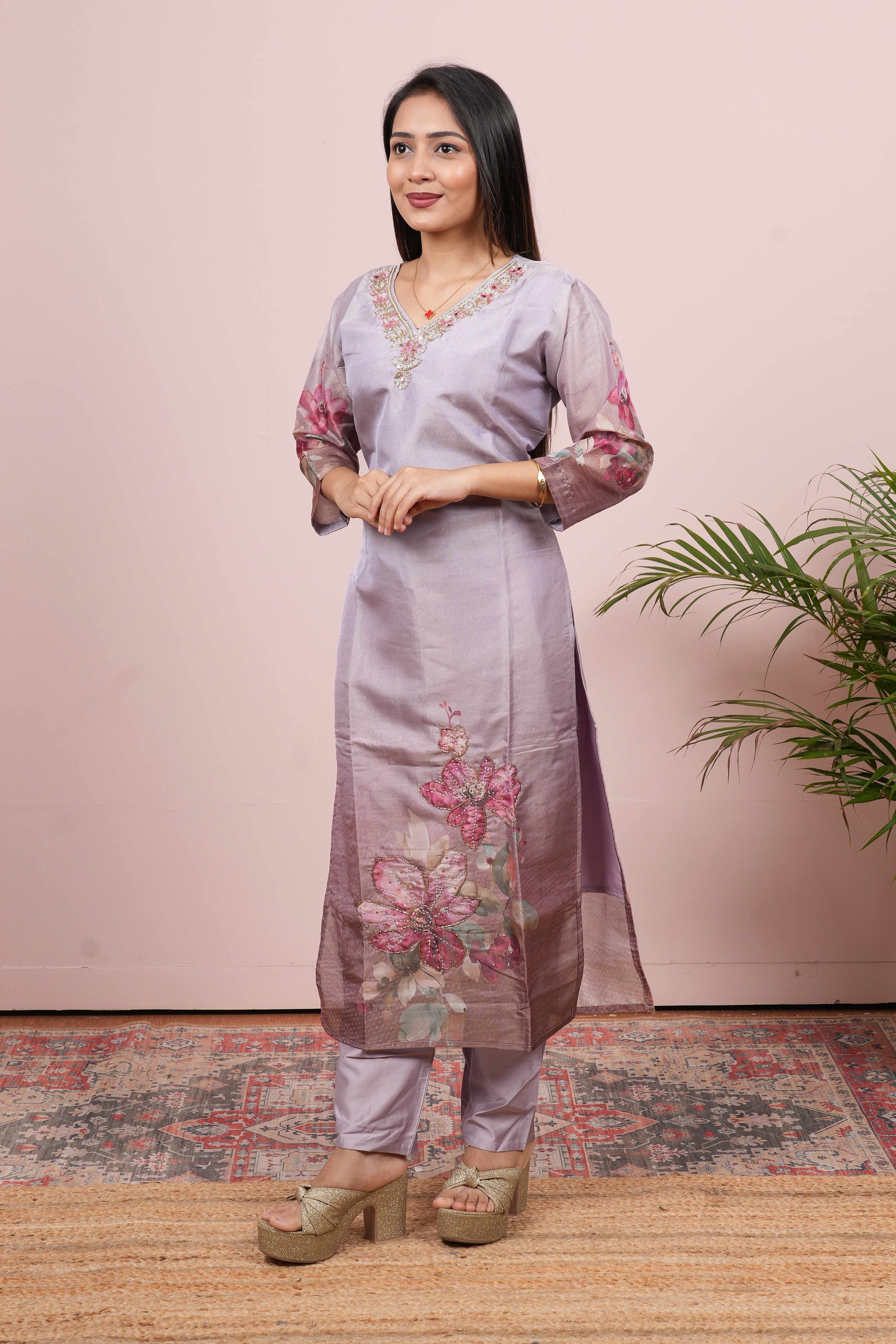 Lavender embroidered neckline suit