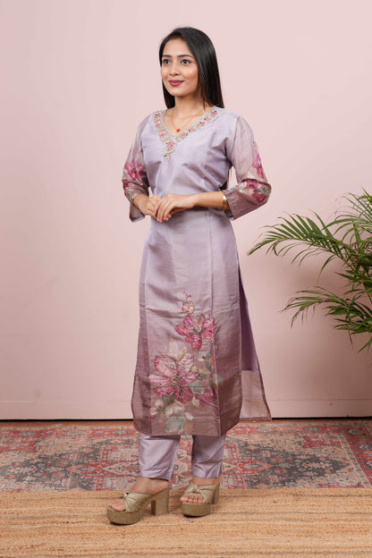Lavender embroidered neckline suit