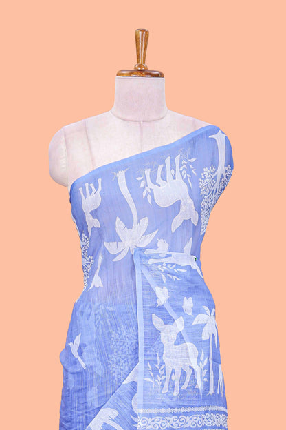 Lavender linen cotton saree with printed blouse
