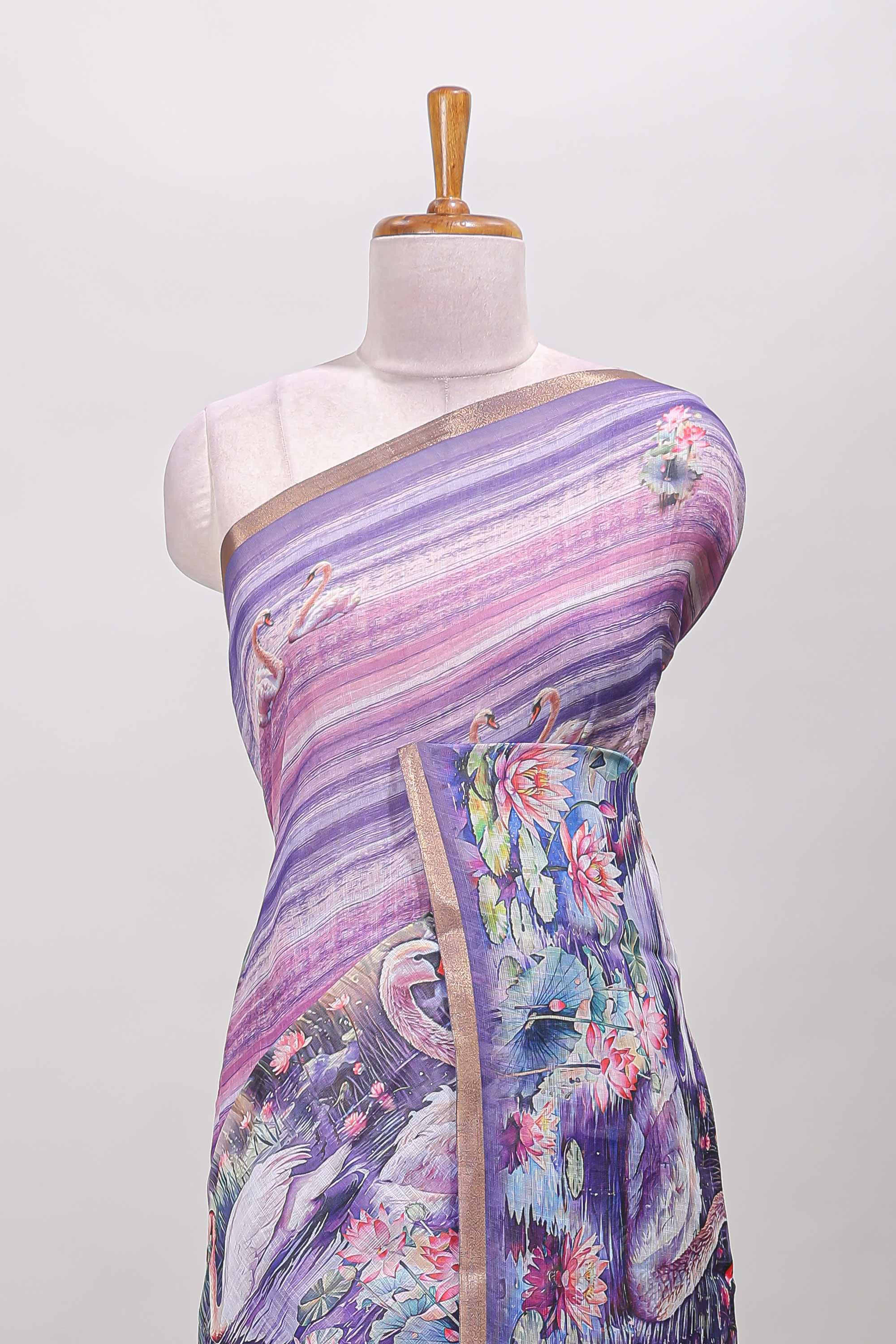 Lavender linen saree with self zari border
