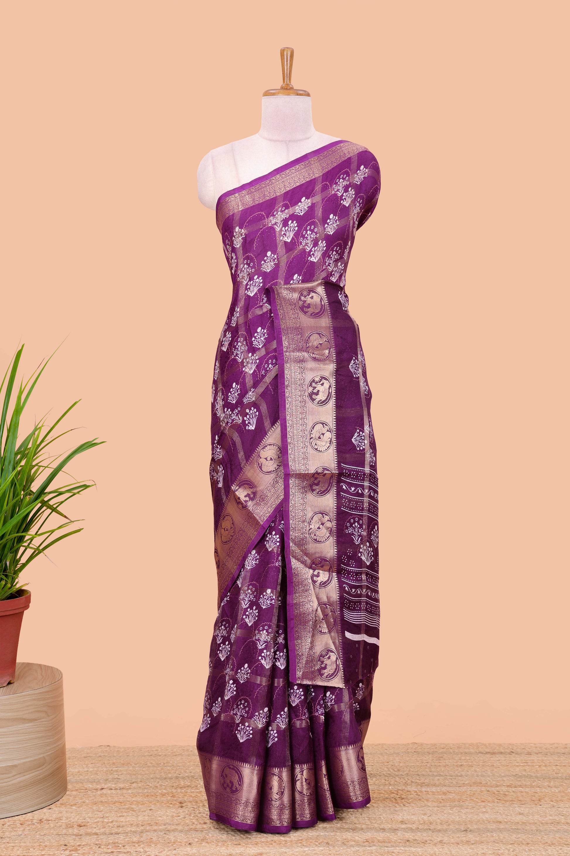Lavender moss chiffon checked saree