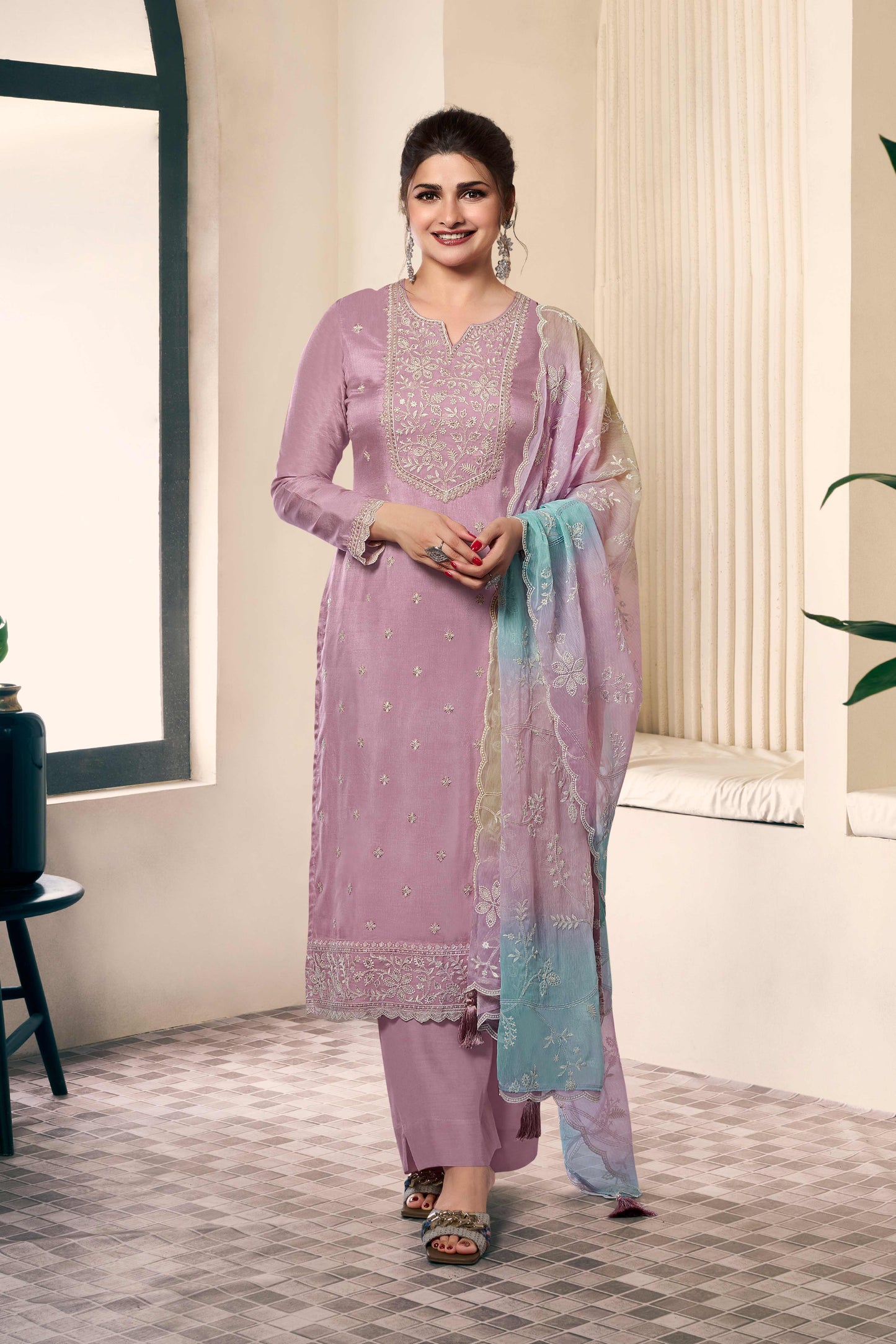 Lavender munga silk embroidered suit set