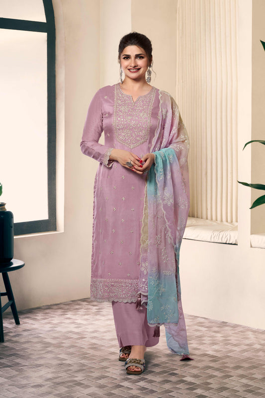 Lavender munga silk embroidered suit set