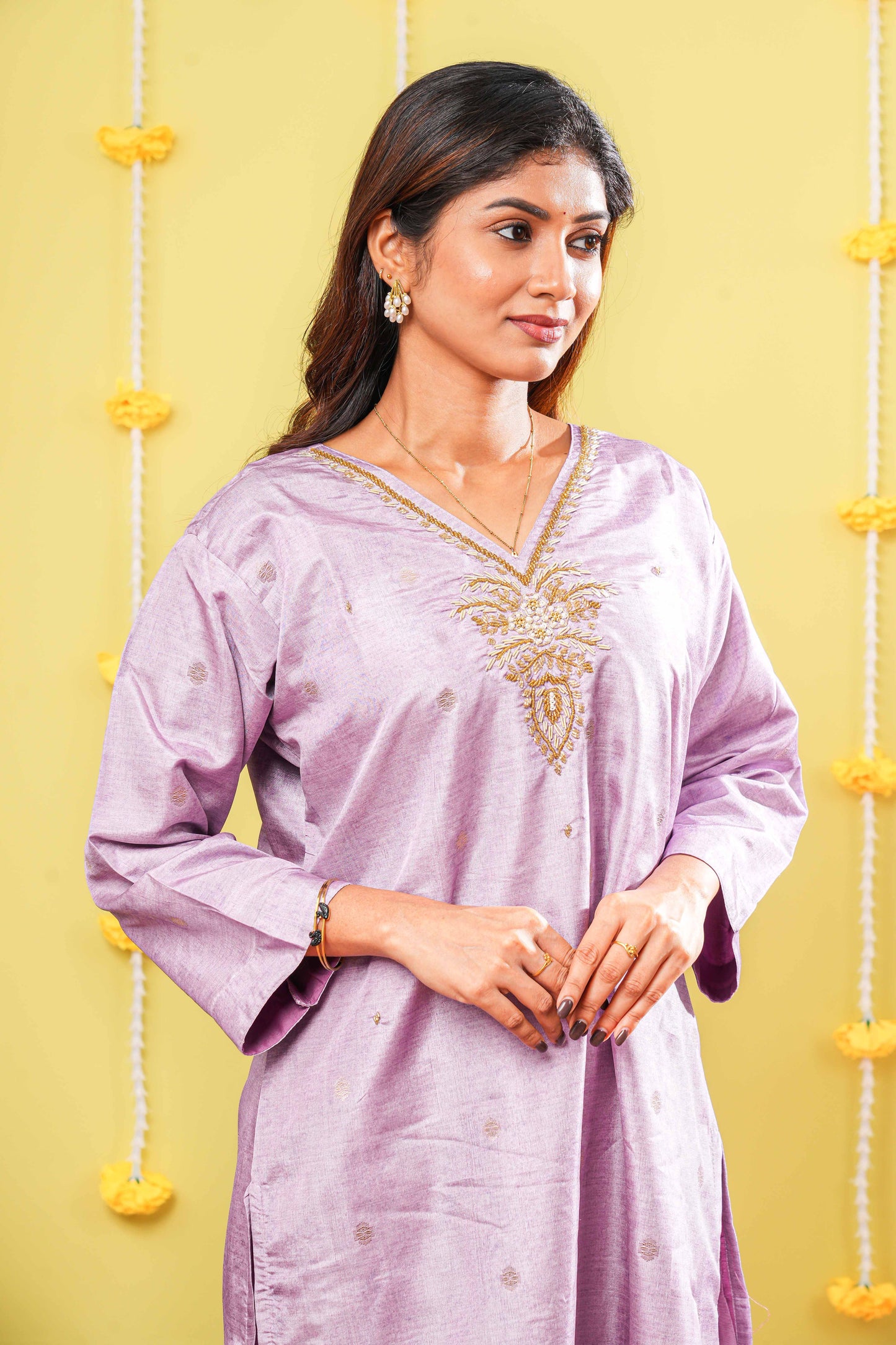 Lavender neckline design outfit