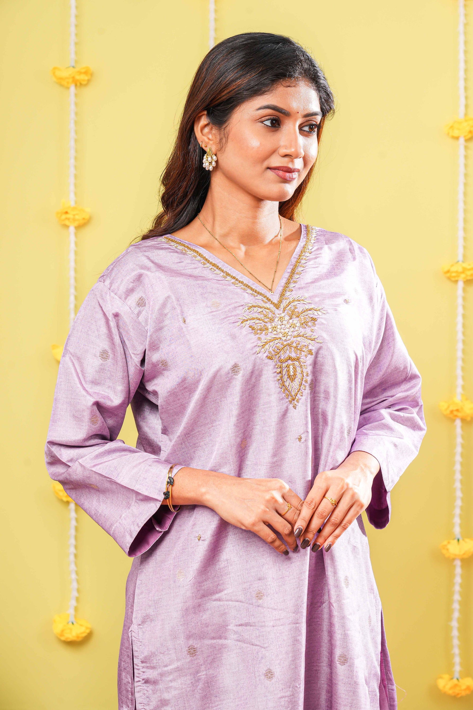 Lavender neckline design outfit
