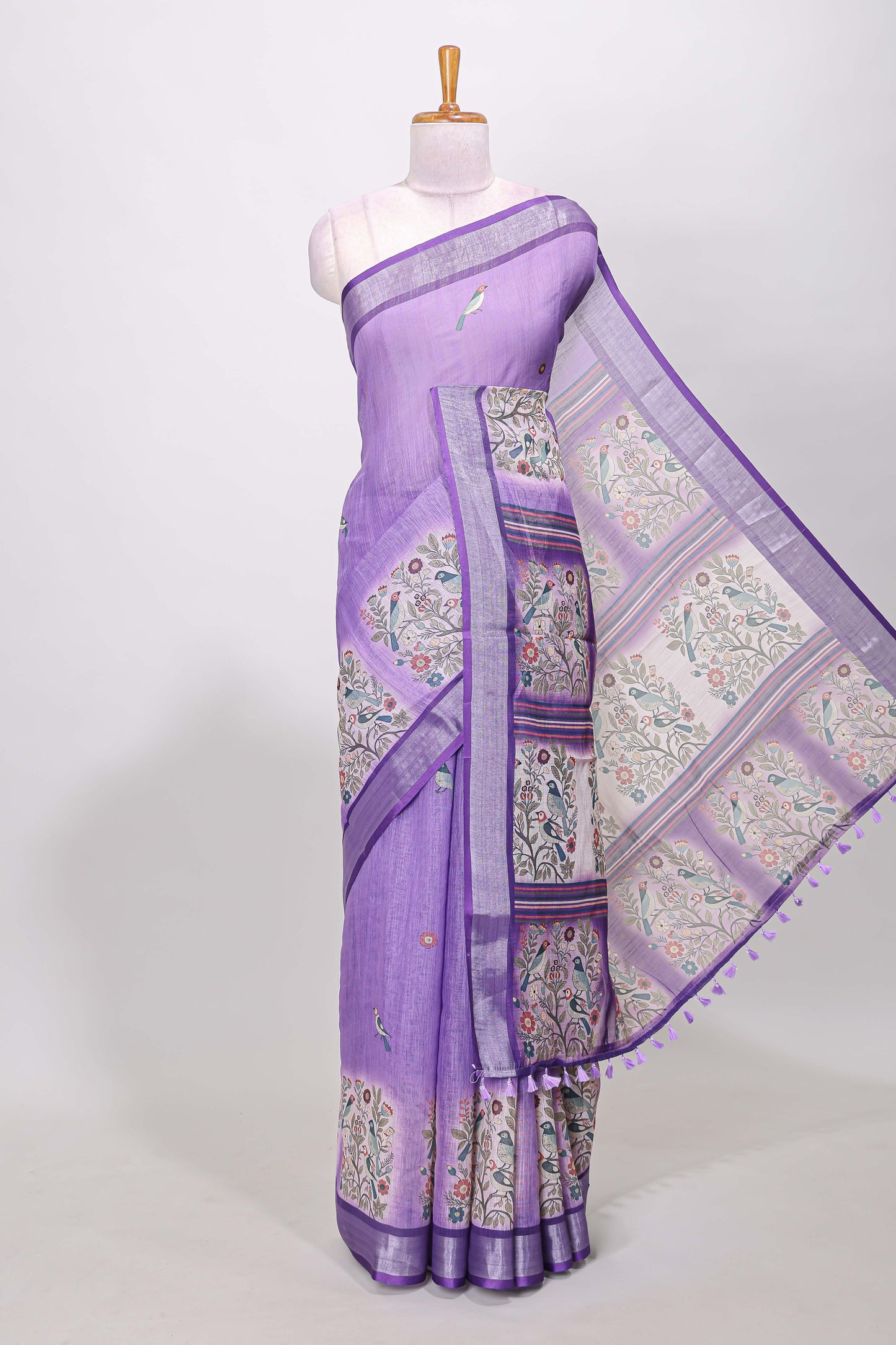 Lavender printed linen cotton saree