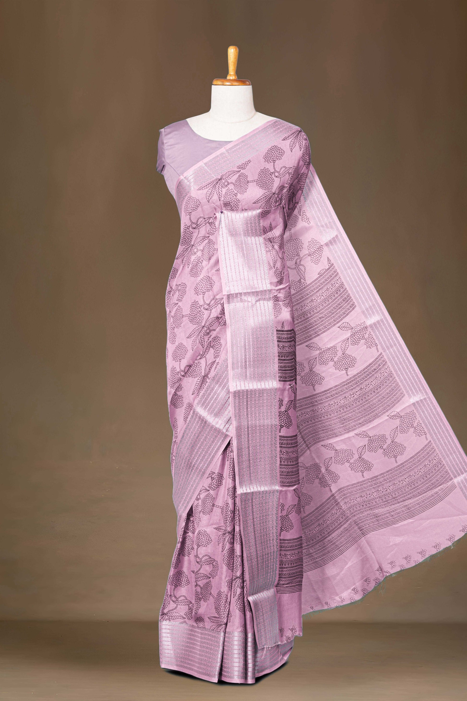 Lavender printed silk dupion saree