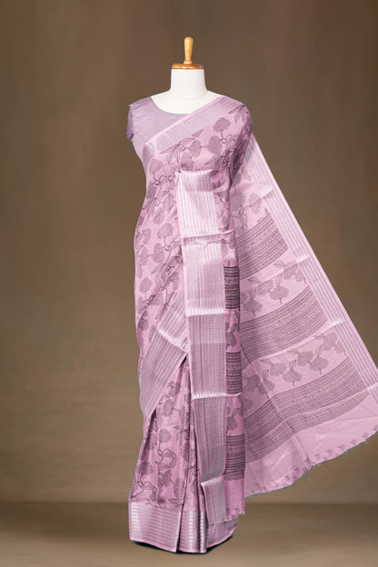 Lavender printed silk dupion saree