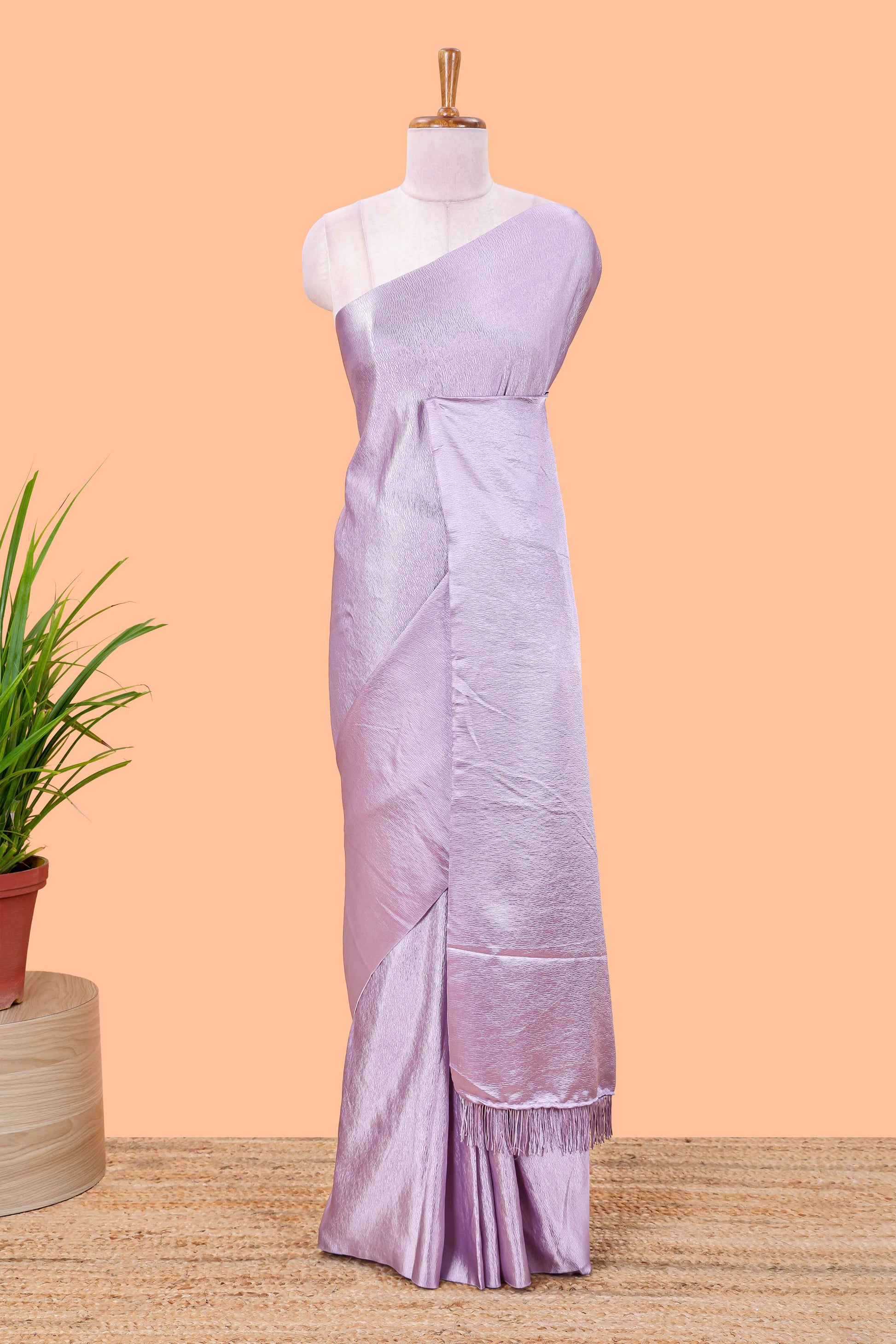 Lavender satin crepe borderless saree