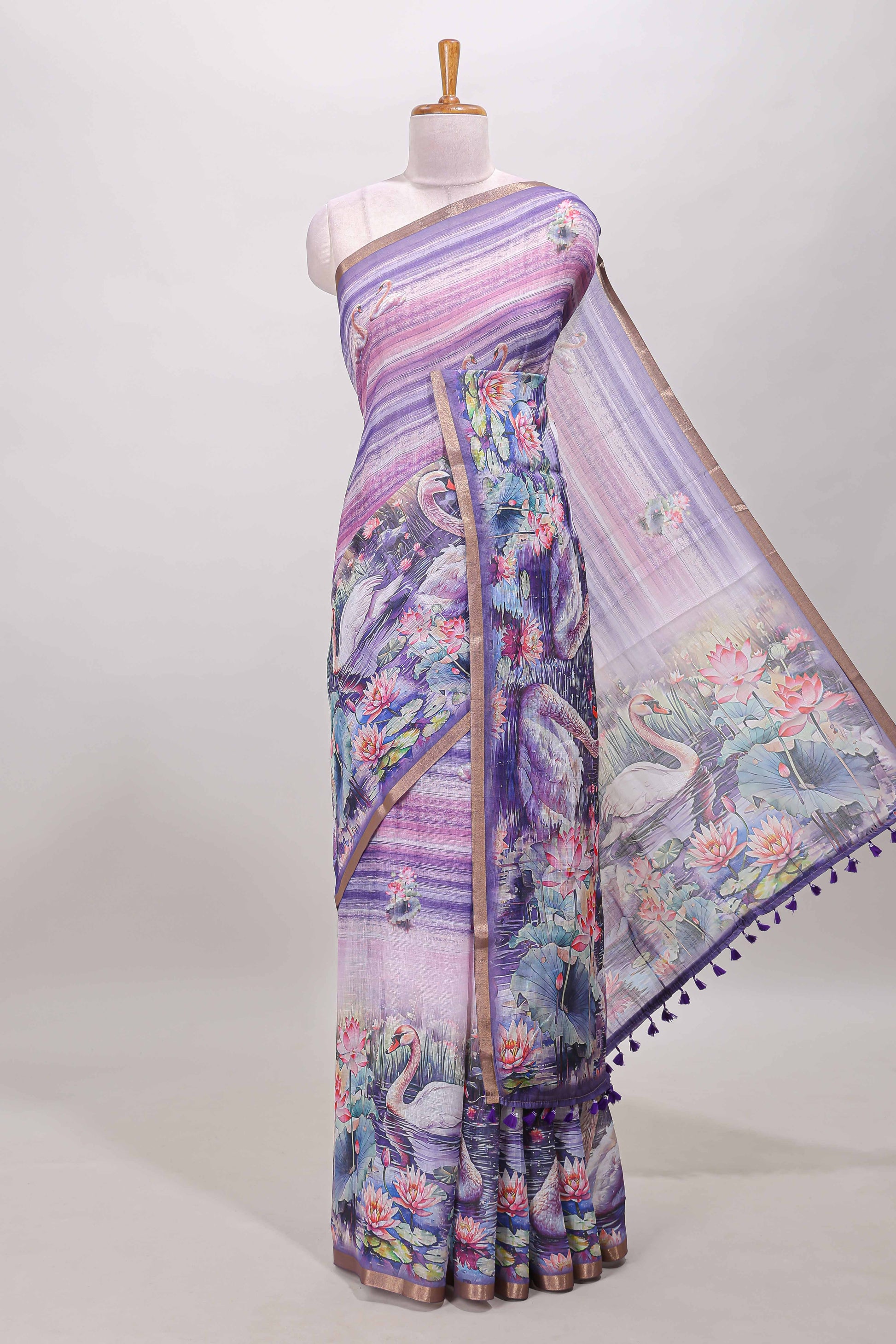 Lavender swan lotus pond linen cotton saree