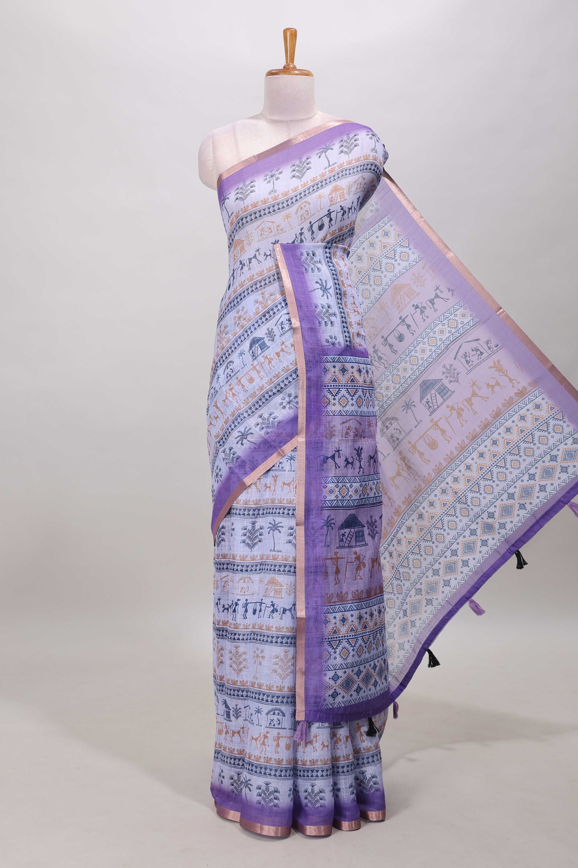 Lavender warli print linen cotton saree