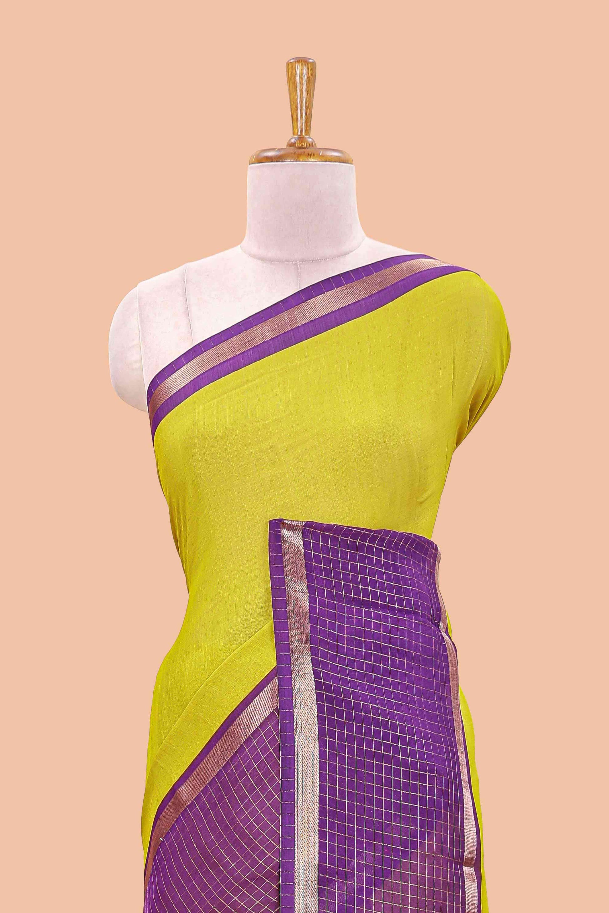 Lemon yellow Dual tone zari grid accents