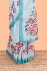 Light blue cut work linen saree