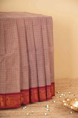 Light brown Chettinad cotton zari checks saree