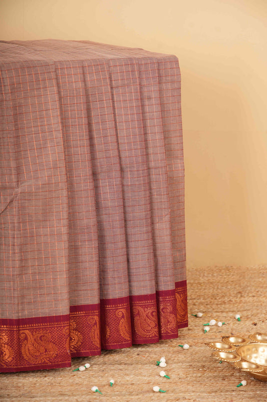 Light brown Chettinad cotton zari checks saree