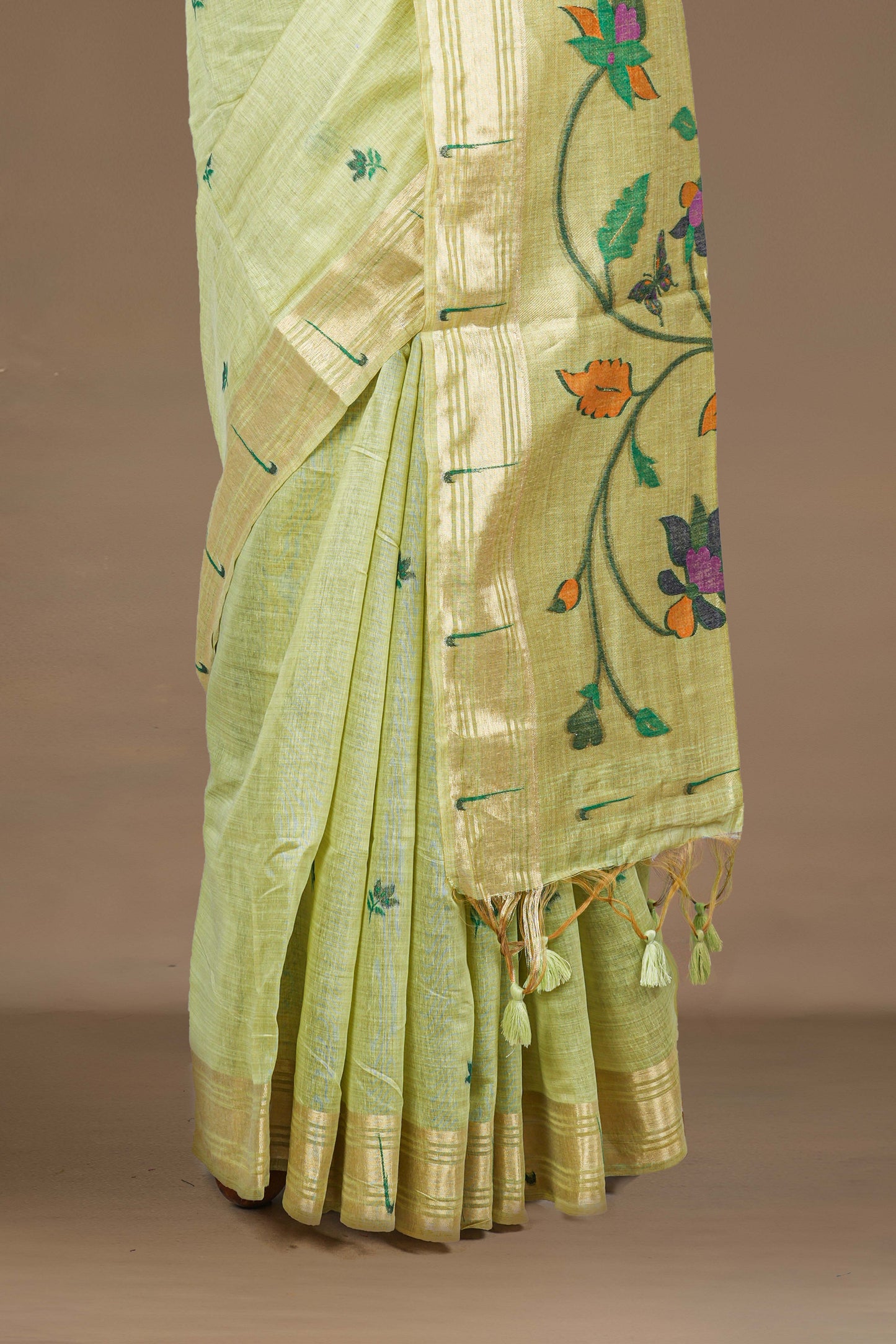 Light green floral zari pallu saree