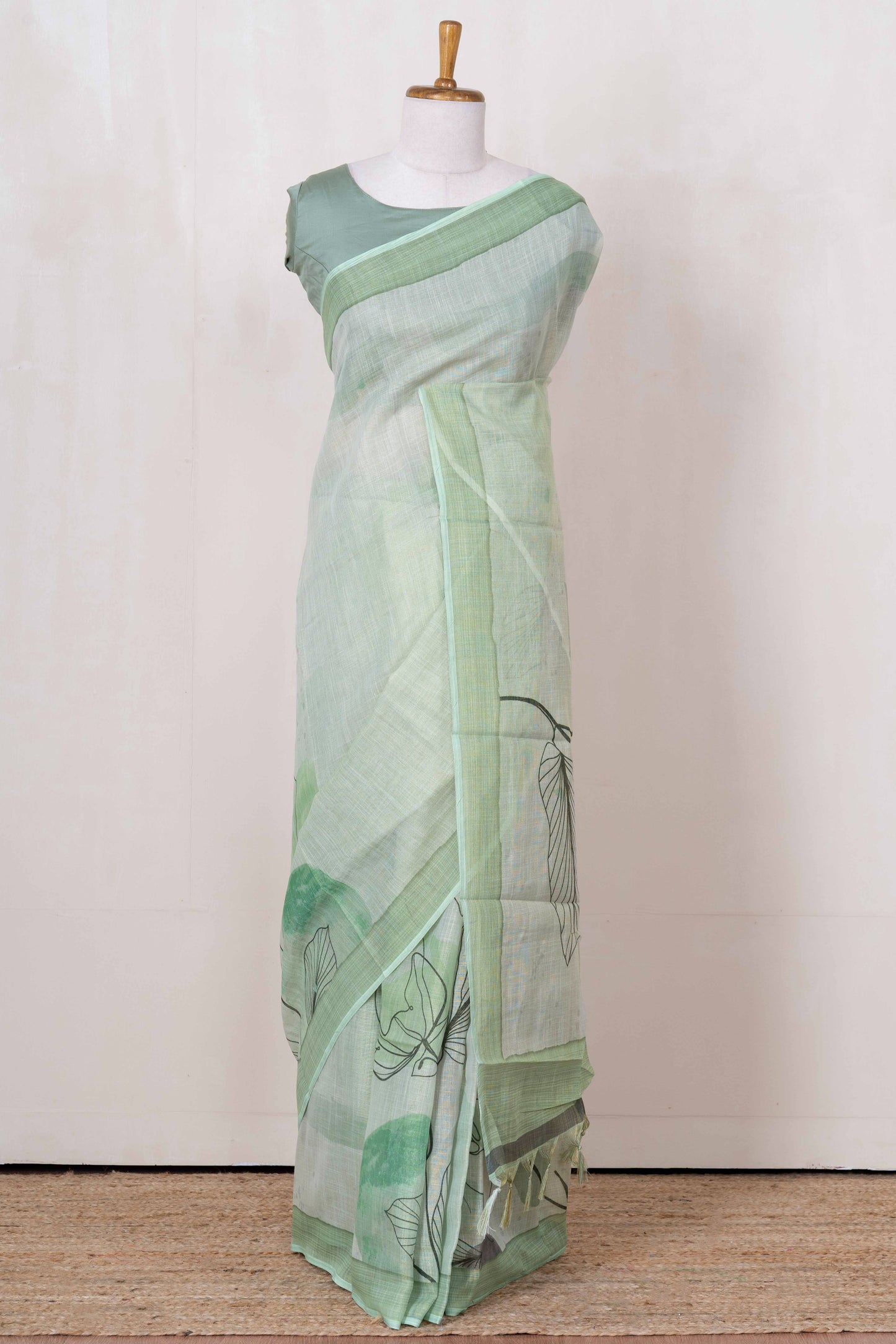 Light green printed linen saree